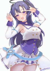 Rule 34 | 1girl, absurdres, armpits, black hair, blue archive, choker, commentary request, detached sleeves, hair between eyes, hair ornament, halo, highres, idol, long hair, looking at viewer, m/, mashiro latte (msrn39), mischievous straight uniform (blue archive), official alternate costume, parted bangs, pleated skirt, purple eyes, sidelocks, simple background, skirt, solo, two side up, white background, yuuka (blue archive)