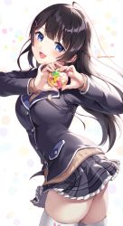 Rule 34 | 1girl, :d, absurdres, ahoge, black hair, black jacket, black skirt, blazer, blue eyes, blush, braid, breasts, commentary request, cowboy shot, frilled skirt, frills, gomashio ponz, hair ornament, hairclip, heart, heart hands, highres, holding, jacket, leaning forward, long hair, long sleeves, looking at viewer, medium breasts, miniskirt, nijisanji, open mouth, plaid, plaid skirt, pleated skirt, school uniform, skirt, smile, solo, thighhighs, thighs, tsukino mito, tsukino mito (1st costume), twisted torso, twitter username, virtual youtuber, white background, white thighhighs, zettai ryouiki