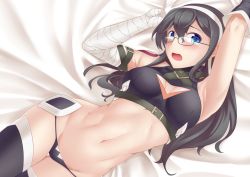 Rule 34 | 1girl, abs, armpits, bandages, belt, black hair, blush, board game, breasts, cosplay, fate (series), go (board game), hair between eyes, headband, jack the ripper (fate/apocrypha), jack the ripper (fate/apocrypha) (cosplay), kantai collection, long hair, looking at viewer, medium breasts, ooyodo (kancolle), open mouth, solo, thealagator