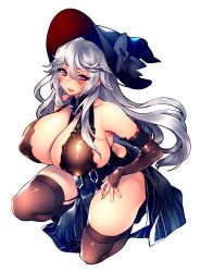Rule 34 | 10s, 1girl, :d, bare shoulders, black bow, black dress, black thighhighs, blush, bow, breasts, collarbone, covered erect nipples, detached sleeves, dress, garter straps, granblue fantasy, hat, hat bow, huge breasts, kinosaki reisui, long hair, long sleeves, magisa (granblue fantasy), open mouth, pelvic curtain, pink eyes, side slit, sideboob, silver hair, simple background, skindentation, sleeves past wrists, smile, solo, thighhighs, white background, witch hat