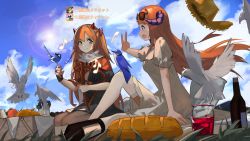 Rule 34 | 2girls, :d, absurdres, airnery, animal, arknights, bagpipe (arknights), baguette, bird, black-framed eyewear, blue sky, bottle, bow, braid, bread, breasts, brown-tinted eyewear, brown hair, brown headwear, character request, cleavage, cleavage cutout, clothing cutout, cloud, cloudy sky, day, dress, eighth note, eyewear on head, food, green eyes, hair between eyes, hair bow, harp, hat, highres, holding, holding instrument, horns, instrument, lens flare, long hair, medium breasts, multiple girls, musical note, open mouth, outdoors, outstretched arm, picnic, profile, pubic tattoo, puffy short sleeves, puffy sleeves, purple eyes, red bow, short sleeves, sky, smile, straw hat, sunglasses, tattoo, tinted eyewear, unworn hat, unworn headwear, v, very long hair, white dress