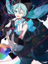 Rule 34 | 1girl, aqua eyes, aqua hair, aqua necktie, bare shoulders, black bow, black dress, blurry, blurry foreground, bow, cable, cube, dress, foreshortening, framed breasts, from above, gloves, hair bow, hair ornament, hatsune miku, headphones, hhhhhoi, holding, holding microphone, hoop skirt, lens flare, long hair, looking at viewer, magical mirai (vocaloid), magical mirai miku, magical mirai miku (2016), microphone, necktie, one eye closed, open mouth, short necktie, sleeveless, sleeveless dress, smile, solo, twintails, very long hair, vocaloid, white gloves