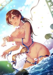 Rule 34 | bikini, blurry, blurry background, breast slip, breasts, brown eyes, brown hair, commentary request, cowboy shot, dutch angle, idolmaster, idolmaster cinderella girls, idolmaster million live!, jewelry, kara (color), large breasts, long hair, necklace, nipples, nitta minami, open mouth, ponytail, ponytail holder, solo, swimsuit, wardrobe malfunction, water