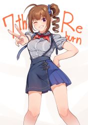 Rule 34 | 1girl, ahoge, asymmetrical clothes, beige background, blue skirt, blunt bangs, breasts, brown hair, collared shirt, contrapposto, denim, denim skirt, drill hair, drill ponytail, feet out of frame, grey shirt, grin, hair tie, hand on own hip, idolmaster, idolmaster million live!, idolmaster million live! theater days, kamille (vcx68), knees, long hair, looking at viewer, medium breasts, nail polish, neckerchief, numbered, one eye closed, pleated skirt, purple eyes, purple nails, reaching, reaching towards viewer, red neckerchief, shirt, shirt tucked in, short sleeves, side ponytail, sidelocks, simple background, skirt, smile, solo, striped clothes, striped shirt, summit reburn (idolmaster), suspender skirt, suspenders, v, wing collar, wink, wristband, yokoyama nao