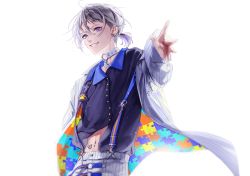 Rule 34 | 1boy, choker, collar, crop top, ear piercing, grey hair, hand up, highres, long sleeves, looking at viewer, male focus, multicolored clothes, natsume ryu, navel, navel piercing, nyamnyam0502, paradox live, piercing, ponytail, purple eyes, reaching, reaching towards viewer, short hair, solo, white background