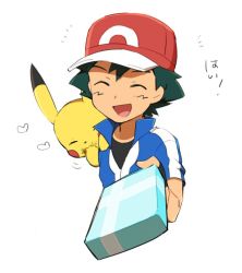 Rule 34 | 1boy, :d, ame (ame025), ash ketchum, baseball cap, black gloves, black shirt, blue jacket, box, closed eyes, collared jacket, commentary request, creatures (company), eating, facing viewer, fingerless gloves, food, food on face, game freak, gen 1 pokemon, gloves, green hair, hat, heart, holding, holding box, incoming gift, jacket, male focus, nintendo, on shoulder, open mouth, pikachu, pokemon, pokemon (anime), pokemon (creature), pokemon on shoulder, pokemon xy (anime), popped collar, red headwear, shirt, short hair, short sleeves, simple background, smile, tongue, white background, |d