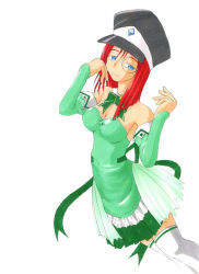 Rule 34 | 00s, 1girl, alternate costume, bare shoulders, blue eyes, breasts, cleavage, detached collar, detached sleeves, dress, dutch angle, forte stollen, galaxy angel, hat, large breasts, looking at viewer, monocle, no bra, peaked cap, red hair, simple background, solo, thighhighs, white background, zettai ryouiki