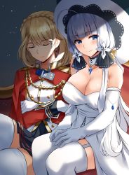 Rule 34 | 2girls, aiguillette, azur lane, blonde hair, blue eyes, blush, braid, breasts, cape, cleavage, closed eyes, crossed arms, crown braid, dress, earrings, elbow gloves, gloves, hair ornament, hat, highres, illustrious (azur lane), interior, jacket, jewelry, lace trim, large breasts, long hair, looking at viewer, military, military uniform, mole, mole under eye, multiple girls, nicky w, prince of wales (azur lane), red cape, red jacket, ribbon, short hair, sitting, skirt, smile, strapless, strapless dress, sun hat, thighhighs, uniform, white dress, white gloves, white hair, white headwear, white legwear
