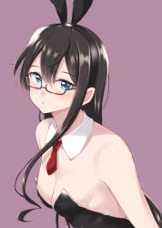 Rule 34 | 1girl, animal ears, black hair, black leotard, blue eyes, bow, bowtie, breasts, cleavage, detached collar, fake animal ears, glasses, green eyes, hairband, jiino, kantai collection, leotard, long hair, looking at viewer, necktie, ooyodo (kancolle), playboy bunny, purple background, rabbit ears, red necktie, semi-rimless eyewear, simple background, small breasts, solo, strapless, strapless leotard, under-rim eyewear, upper body