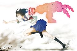 Rule 34 | 1girl, aura, black hair, dust, full body, legs, loafers, midriff, original, outstretched arms, outstretched hand, running, school uniform, serafuku, shoes, simple background, skirt, smile, socks, solo, torn clothes, yuuki (yuuki333)