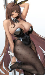 1girl 767_(pixiv973307689) absurdres animal_ears bare_shoulders black_leotard breasts brown_eyes brown_hair cleavage dark-skinned_female dark_skin detached_collar fake_animal_ears fishnet_pantyhose fishnets goddess_of_victory:_nikke highleg highleg_leotard highres large_breasts leotard long_hair looking_at_viewer noir_(nikke) ohisashiburi_(style) pantyhose playboy_bunny rabbit_ears revision smile solo thighs very_long_hair wrist_cuffs