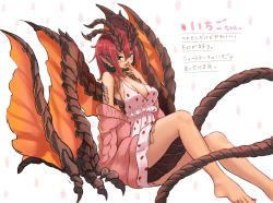 Rule 34 | 159cm, 1girl, bare legs, bare shoulders, barefoot, blue eyes, blush, breasts, cleavage, dragon girl, dragon horns, dragon wings, dress, fingernails, food print, hair between eyes, hand up, horns, jacket, large breasts, looking at viewer, mole, mole on breast, nail polish, open mouth, original, pink jacket, red nails, sitting, solo, strawberry print, sweater jacket, very long tail, white dress, wings