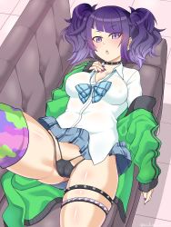 Rule 34 | 1girl, ass, black choker, black panties, blush, bow, cameltoe, choker, clothes lift, couch, covered erect nipples, diagonal bangs, earrings, eyes visible through hair, green jacket, hand on own chest, heart, heart earrings, highres, idolmaster, idolmaster shiny colors, jacket, jewelry, kaiduka akuta, looking at viewer, lying, miniskirt, nail polish, on back, open clothes, open jacket, open mouth, panties, plaid, plaid bow, plaid neckwear, plaid skirt, pleated skirt, purple eyes, purple hair, purple nails, school uniform, short twintails, single thighhigh, skirt, skirt lift, sleeves past wrists, spiked choker, spikes, tanaka mamimi, thigh strap, thighhighs, twintails, underwear