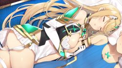 Rule 34 | 1boy, 1girl, arm hug, armor, ass, bare shoulders, blonde hair, blush, breasts, cleavage, cleavage cutout, closed eyes, clothing cutout, dress, earrings, elbow gloves, gem, gloves, hair ornament, headpiece, jewelry, large breasts, long hair, lying, mythra (xenoblade), nintendo, on side, panties, pantyshot, parted lips, rex (xenoblade), shirt, shoulder armor, sleeping, swept bangs, thigh strap, thighs, tiara, underwear, white dress, white gloves, white panties, xenoblade chronicles (series), xenoblade chronicles 2, yappen