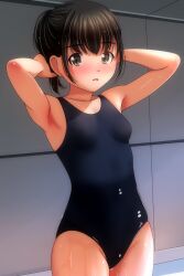 1girl arms_behind_head arms_up black_hair black_one-piece_swimsuit black_school_swimsuit blush breasts brown_eyes collarbone long_hair looking_at_viewer matsunaga_kouyou one-piece_swimsuit open_mouth original ponytail school_swimsuit small_breasts standing swimsuit wet