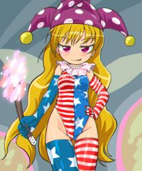 Rule 34 | 1girl, adapted costume, alternate legwear, american flag legwear, blonde hair, blush, chromatic aberration, clownpiece, cowboy shot, elbow gloves, fairy wings, fire, gloves, half-closed eyes, hat, highleg, highleg leotard, holding, jester cap, leotard, long hair, looking at viewer, naughty face, neck ruff, pink eyes, polka dot, solo, standing, star (symbol), star print, striped clothes, striped thighhighs, thigh gap, thighhighs, tongue, tongue out, torch, touhou, very long hair, wings, winn