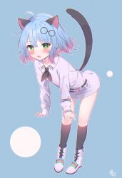 Rule 34 | 1girl, ahoge, animal ears, bent over, black neckerchief, black socks, blue background, blue hair, blush, boots, cat ears, cat girl, cat tail, collarbone, collared shirt, dot nose, fang, full body, gradient hair, green eyes, hair ornament, highres, kneehighs, long sleeves, looking at viewer, multicolored hair, neckerchief, open mouth, original, pocket, purple shirt, roin, shirt, short hair, signature, simple background, sleeves past wrists, socks, solo, standing, sweat, tail, white footwear