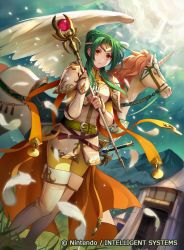 Rule 34 | armor, belt, boots, breastplate, brown eyes, cloud, cloudy sky, commentary request, company connection, copyright name, day, elincia ridell crimea, feathers, fire emblem, fire emblem: radiant dawn, fire emblem cipher, green hair, holding, horns, jewelry, konfuzikokon, mountain, nintendo, official art, outdoors, pants, pegasus, pegasus knight uniform (fire emblem), shoulder armor, single horn, sky, solo, staff, sunlight, sword, thigh boots, thighhighs, tiara, weapon, white footwear, wings, yellow pants