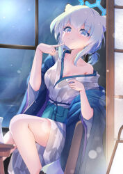 Rule 34 | 1girl, absurdres, animal ears, bath yukata, blue archive, blue halo, breasts, cleavage, closed mouth, collarbone, green hair, halo, highres, japanese clothes, karupa (karupapon), kimono, medium breasts, obi, official alternate costume, purple eyes, sash, shigure (blue archive), shigure (hot spring) (blue archive), short hair, smile, solo, tail, weasel ears, weasel tail, yukata