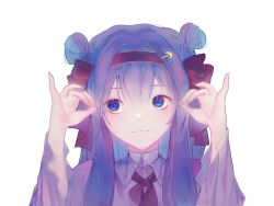 Rule 34 | 1girl, closed mouth, crescent, crescent pin, double bun, dress, drop shadow, expressionless, hair bun, hair intakes, hair ornament, hairband, hairpin, hands up, highres, long hair, long sleeves, looking to the side, no headwear, patchouli knowledge, pinky out, portrait, purple dress, purple eyes, purple hair, purple neckwear, red hairband, repya9, sidelocks, simple background, solo, touhou, white background, wide sleeves