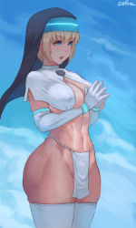 Rule 34 | 1girl, adapted costume, blonde hair, blue background, blue eyes, breasts, cleavage, commission, covered erect nipples, curvy, en&#039;en no shouboutai, fundoshi, gloves, habit, highres, iris (enen no shouboutai), japanese clothes, large breasts, looking away, navel, neon trim, no bra, no panties, nun, own hands clasped, own hands together, pelvic curtain, shiny skin, simple background, skindentation, solo, standing, thick thighs, thighhighs, thighs, white gloves, white thighhighs, wide hips, zefrableu