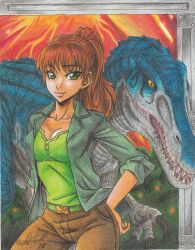 Rule 34 | 1girl, 2018, absurdres, artist name, belt, breasts, brown hair, brown pants, claire dearing (jurassic world), claws, cleavage, collarbone, colored sclera, dinosaur, fangs, green eyes, green jacket, green shirt, hand on own hip, highres, jacket, jurassic park, jurassic world, jurassic world: fallen kingdom, medium breasts, open clothes, open jacket, pants, parted lips, ponytail, ravernclouk design, sharp teeth, shirt, smile, teeth, traditional media, yellow sclera