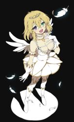 Rule 34 | 10s, 1girl, :3, :d, ahugni, black background, blonde hair, blush, breasts, feathered wings, feathers, female focus, garter straps, green eyes, heterochromia, ing (artist), jewelry, large breasts, looking up, necklace, open mouth, pearl necklace, purple eyes, ryouna (senran kagura), senran kagura, senran kagura shinovi versus, short hair, smile, solo, thighhighs, tiara, white thighhighs, white wings, wings