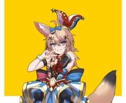 Rule 34 | 1girl, ahoge, animal ear fluff, animal ears, arm strap, asymmetrical hair, black hair, blonde hair, blue bow, bow, braid, breasts, club hair ornament, commentary, cowboy shot, detached sleeves, diamond hair ornament, double v, dress, english commentary, facepaint, foreshortening, fox ears, fox girl, fox tail, gloves, gold trim, grin, hair between eyes, hair bow, hair ornament, hairclip, hat, heart, heart hair ornament, highres, hololive, jester cap, large bow, long hair, looking at viewer, makeup, mascara, medium breasts, midriff peek, multicolored clothes, multicolored dress, multicolored hair, navel, omaru polka, omaru polka (1st costume), outstretched arm, pink hair, pleated skirt, purple eyes, red gloves, side braid, simple background, single braid, single glove, single sleeve, skirt, smile, solo, spade hair ornament, star-shaped pupils, star (symbol), streaked hair, striped clothes, striped dress, striped skirt, symbol-shaped pupils, tail, teeth, tilted headwear, v, valefal coneri, vertical-striped clothes, vertical-striped skirt, virtual youtuber, wrist cuffs, yellow background