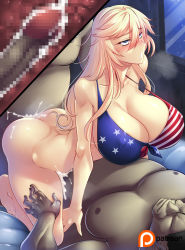 Rule 34 | 1girl, american flag bikini, american flag print, bikini, blonde hair, blue eyes, bottomless, breasts, censored, clothed female nude male, cum, cum in ass, cum in pussy, cum on ass, double penetration, flag print, fucked silly, haganef, huge breasts, iowa (kancolle), kantai collection, long hair, nude, print bikini, sex, swimsuit