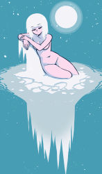 Rule 34 | 1girl, akairiot, blunt bangs, breasts, closed eyes, closed mouth, collarbone, completely nude, convenient censoring, eyelashes, full body, hand on own wrist, highres, ice, kelda (akairiot), leaning to the side, medium breasts, moon, navel, nude, original, partially submerged, sitting, snow, solo, stomach, thighs, white hair