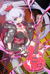 Rule 34 | 1girl, absurdly long hair, bang dream!, black choker, black jacket, black thighhighs, bracelet, breasts, choker, fingerless gloves, full body, gloves, grin, guitar, hair between eyes, high ponytail, highres, hood, hooded jacket, instrument, jacket, jewelry, large breasts, long hair, looking at viewer, midriff, navel, open clothes, open jacket, passionato afterglow, plectrum, purple eyes, purple hair, red gloves, senki zesshou symphogear, senki zesshou symphogear xd unlimited, short shorts, shorts, smile, solo, spiked bracelet, spikes, thighhighs, uganda (ugandam 00), very long hair, yukine chris