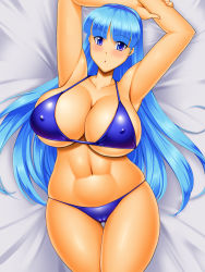 Rule 34 | 1990s (style), 1girl, armpits, arms up, bed, bikini, blue bikini, blue eyes, blue hair, blue hairband, breasts, cameltoe, cleavage, curvy, covered erect nipples, female focus, hairband, kawanuma uotsuri, large breasts, long hair, looking at viewer, lying, magic knight rayearth, matching hair/eyes, navel, on back, parted lips, ryuuzaki umi, skindentation, solo, swimsuit, thigh gap, wide hips