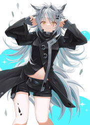 Rule 34 | 1girl, :3, absurdres, animal ears, arknights, black coat, black shorts, blush, breasts, closed mouth, coat, commentary, feet out of frame, fingerless gloves, gloves, grey gloves, hair between eyes, hair intakes, hair ornament, hairclip, highres, lappland (arknights), long hair, long sleeves, looking at viewer, material growth, medium breasts, midriff, navel, oripathy lesion (arknights), paw pose, scar, scar across eye, short shorts, shorts, silver hair, simple background, slit pupils, smile, solo, sparkle, standing, tail, thighs, white background, wolf ears, wolf girl, wolf tail, yellow eyes, yuu (yuu yu)