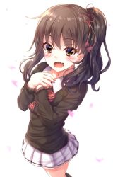 Rule 34 | 1girl, :d, black socks, black sweater, blush, bow, bowtie, brown eyes, brown hair, collared shirt, commentary request, fang, from above, hair ornament, hands on own chest, hands up, highres, kishuku gakkou no juliet, kneehighs, komai hasuki, long hair, looking at viewer, miniskirt, open mouth, pleated skirt, red bow, red bowtie, school uniform, shirt, side ponytail, skirt, smile, socks, solo, standing, striped bow, striped bowtie, striped clothes, striped neckwear, sumioo (sumikko no ousama), sweater, tassel, thighs, white background, white skirt