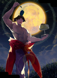 Rule 34 | 1boy, absurdres, beji-kun, black hair, closed eyes, cloud, commentary request, feet out of frame, food, full moon, grass, highres, holding, holding spoon, lens flare, male focus, manatsu no yo no inmu, moon, muscular, muscular male, nikutai ha ojarumaru, pants, pudding, purple pants, saliva, short hair, solo, spoon, tongue, tongue out