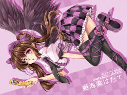 Rule 34 | 1girl, black wings, breasts, brown hair, cellphone, checkered clothes, checkered skirt, female focus, geta, hat, himekaidou hatate, necktie, phone, purple eyes, skirt, solo, thighhighs, tokin hat, touhou, twintails, windart, wings