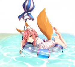 Rule 34 | 10s, 1girl, afloat, animal ears, ass, bare legs, barefoot, bikini, blue bikini, blush, breasts, brown eyes, cleavage, close-up, closed mouth, closed umbrella, fate/extra, fate/grand order, fate (series), fox ears, fox tail, full body, highres, hinomoto madoka, innertube, leg up, long hair, looking at viewer, lying, medium breasts, no pants, on stomach, outstretched leg, pink hair, scrunchie, shirt, simple background, smile, solo, swim ring, swimsuit, tail, tamamo (fate), tamamo no mae (fate/extra), tamamo no mae (swimsuit lancer) (fate), tamamo no mae (swimsuit lancer) (first ascension) (fate), umbrella, water, wet, wet clothes, wet shirt, white background, white shirt, wrist scrunchie
