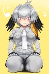 Rule 34 | &gt;:(, 10s, 1girl, text background, belt, bird wings, black gloves, black hair, blush, bodystocking, feathers, fingerless gloves, frown, gloves, grey hair, head wings, highres, hitotsuki nebura, kemono friends, long hair, looking at viewer, multicolored hair, necktie, pantyhose, pocket, seiza, shoebill (kemono friends), short sleeves, shorts, side ponytail, sitting, solo, staring, v-shaped eyebrows, wings, yellow background, yellow eyes