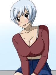 Rule 34 | 1girl, belly, blue shorts, blush, breasts, brown eyes, cleavage, crop top, embarrassed, highres, large breasts, looking at viewer, open mouth, red shirt, shirt, short hair, short shorts, shorts, sitting, solo, stomach, white hair