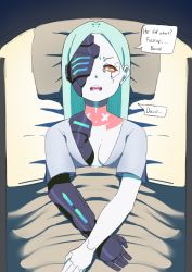 Rule 34 | 1girl, bed, colored skin, crying, cyberpunk (series), cyberpunk edgerunners, english text, foxxarius, green hair, highres, long hair, open mouth, prosthesis, prosthetic arm, rebecca (cyberpunk), speech bubble, spoilers, tattoo