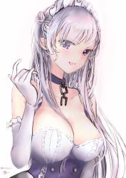 Rule 34 | 1girl, :d, azur lane, bad id, bad pixiv id, belfast (azur lane), blush, braid, breasts, broken, broken chain, chain, cleavage, collar, collarbone, corset, elbow gloves, eyes visible through hair, french braid, frilled gloves, frills, gloves, hair over one eye, large breasts, long hair, looking at viewer, open mouth, purple eyes, silver hair, sleeveless, smile, solo, tsunano (koi pink), twitter username, underbust, upper body, white gloves