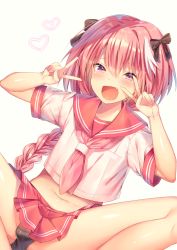 Rule 34 | 1boy, :d, astolfo (fate), astolfo (sailor paladin) (fate), black panties, black ribbon, blush, braid, bulge, double v, fang, fate/apocrypha, fate/grand order, fate (series), hair intakes, hair ribbon, heart, highres, long hair, looking at viewer, male focus, midriff, multicolored hair, navel, ntk (7t5), official alternate costume, open mouth, panties, pink hair, purple eyes, ribbon, school uniform, serafuku, short sleeves, simple background, smile, solo, spread legs, trap, two-tone hair, underwear, v, white background, white hair