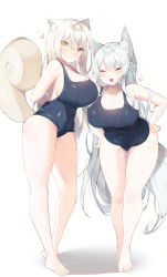 Rule 34 | 2girls, absurdres, animal ears, arms behind back, bare legs, barefoot, black one-piece swimsuit, braid, breasts, cleavage, closed eyes, closed mouth, collarbone, commentary, commission, covered navel, english commentary, feet, fox ears, fox tail, full body, hair between eyes, hand on own hip, heart, highres, huge breasts, large breasts, long hair, multiple girls, old school swimsuit, one-piece swimsuit, open mouth, orange eyes, original, platinum blonde hair, riss, school swimsuit, sen light, sideboob, sidelocks, silver hair, simple background, smile, squirrel ears, squirrel tail, standing, swimsuit, tail, thigh gap, thighs, toes, very long hair, white background