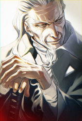Rule 34 | 1boy, beard, black suit, close-up, coat, facial hair, golden kamuy, grey eyes, highres, hijikata toshizou (golden kamuy), holding, holding sword, holding weapon, katana, long hair, long sleeves, looking to the side, male focus, old, old man, smile, solo, suit, sunlight, sword, thick eyebrows, upper body, w55674570w, weapon, white hair, wrinkled skin