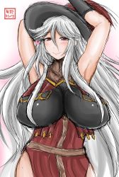 Rule 34 | 10s, 1girl, armpits, arms behind head, arms up, blush, bodice, breasts, covered erect nipples, dress, granblue fantasy, grey hair, hat, heart, highres, huge breasts, long hair, long sleeves, looking at viewer, magisa (granblue fantasy), purple eyes, smile, solo, very long hair, witch hat, yano toshinori