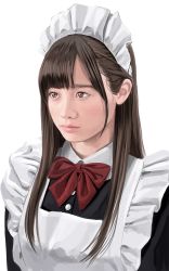Rule 34 | 1girl, apron, black hair, brown eyes, closed mouth, derivative work, itou tatsuya, lips, maid, maid apron, maid headdress, real life, realistic, ribbon, simple background, solo, white background