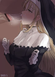 Rule 34 | 1boy, 1girl, after fellatio, artist name, bar censor, blonde hair, blush, breasts, censored, cum, cum in nose, cum string, hetero, highres, large breasts, long hair, nijisanji, open mouth, penis, sister cleaire, tongue, tongue out, upper body, yomei3week