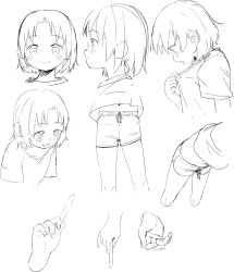 Rule 34 | 1girl, adjusting clothes, blush, disembodied limb, female focus, from side, head out of frame, highres, holding, monochrome, navel, original, parted bangs, profile, satsuyo, shirt, short sleeves, shorts, sketch, smile, solo, t-shirt