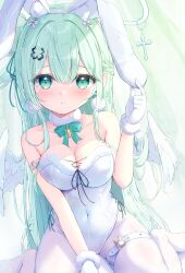 Rule 34 | 1girl, :t, angel, angel wings, animal ears, belt, blush, bow, breasts, cleavage, collar, covered navel, cross, earrings, extra ears, fur-trimmed gloves, fur collar, fur trim, gloves, green background, green eyes, green hair, hair bow, hair ornament, halo, highres, jewelry, large breasts, leotard, looking at viewer, mikaze oto, original, pantyhose, playboy bunny, pout, rabbit ears, simple background, sitting, solo, thigh belt, thigh strap, thighs, wariza, white bow, white collar, white leotard, white pantyhose, wings