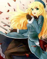 Rule 34 | 10s, 1girl, atago (kancolle), black gloves, blonde hair, gloves, green eyes, hat, hebinuma, kantai collection, long hair, looking at viewer, military, military uniform, open mouth, pantyhose, personification, petals, rose petals, uniform